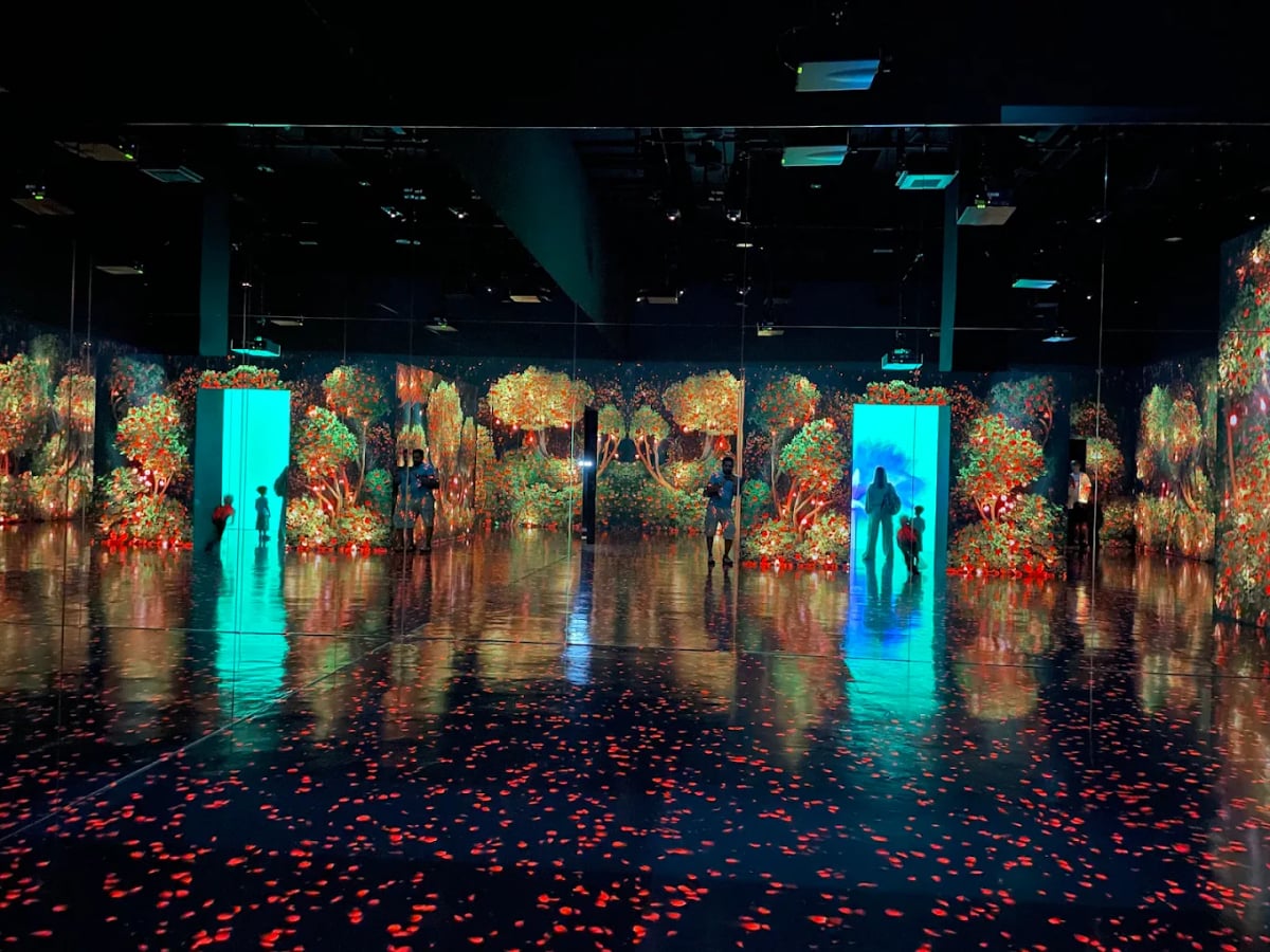 Visitors in a vast mirrored hall of glowing flowers and colored doorways