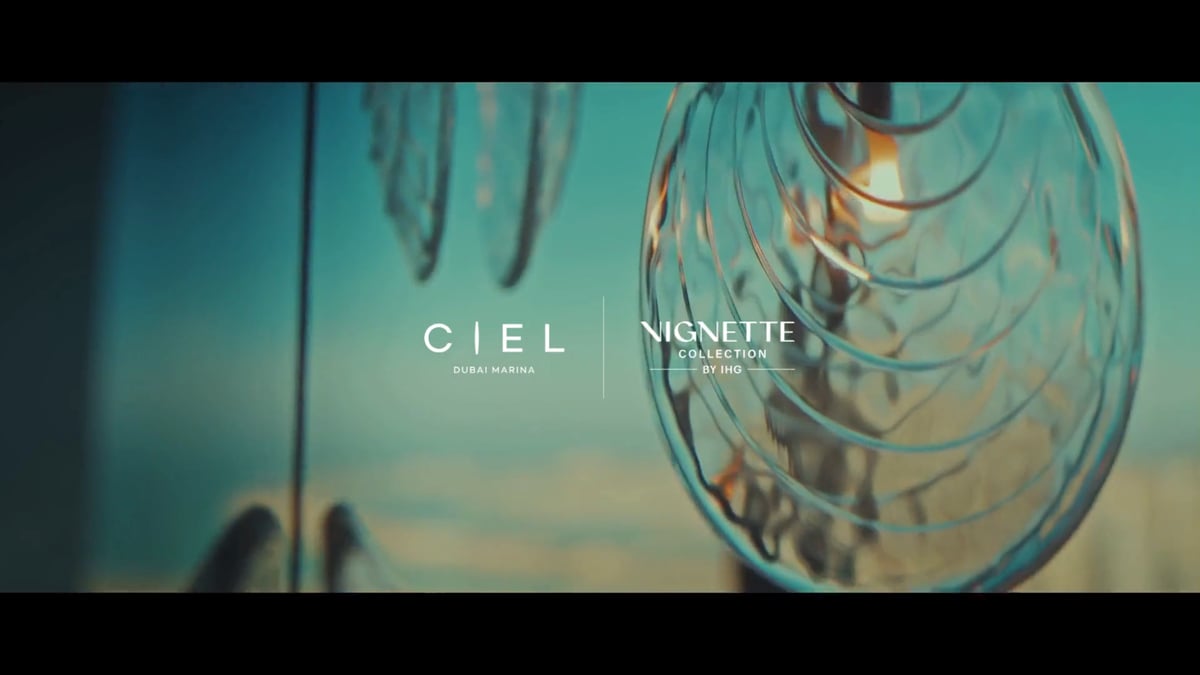 Brand film of Ciel Dubai Marina: couples dining, lounging by the pool and watching the sun set from the marina tower.