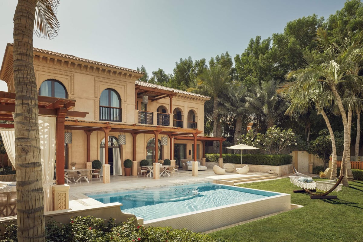Three-Bedroom Villa, two-story terracotta villa with a private pool, lawn and hammock, at One&Only The Palm.